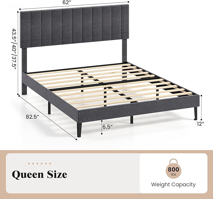 Giantex Queen Size Upholstered Bed Frame, Platform Bed with Height Adjustable Vertical Channel Headboard, Wooden Slats Support Mattress Foundation, No Box Spring Needed, Noise Free, Grey