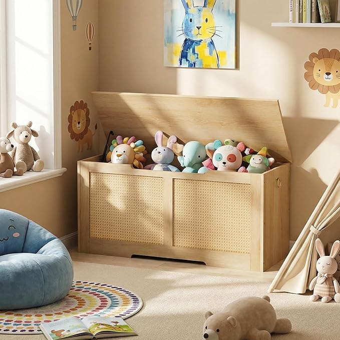 HOOBRO Storage Bench, 39.3" Toy Box, Rattan-Like Storage Chest, Sturdy Entryway Bench Supports 220 lb, Toy Chest, Safety Hinge, U-Shaped Opening, Easy Assembly, Natural NL11CW01