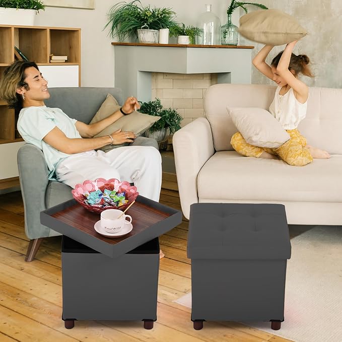 Dorriss Storage Ottoman, Ottoman with Storage for Living Room Ottoman Square Tray Bedroom Cube Foot Rest Stool With Legs Small Ottomans Coffee Table Lid Foldable Footstool Faxu Leather 15" Inch (Grey)