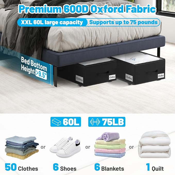 Under Bed Storage with Wheels, 2-Pack 10" Height XXL 60L Rolling Storage Bins, Quick Assembly Underbed Shoe Storage Containers with Clear Lid & Label, Dorm Under Bed Drawers for Clothes, Shoes, Grey