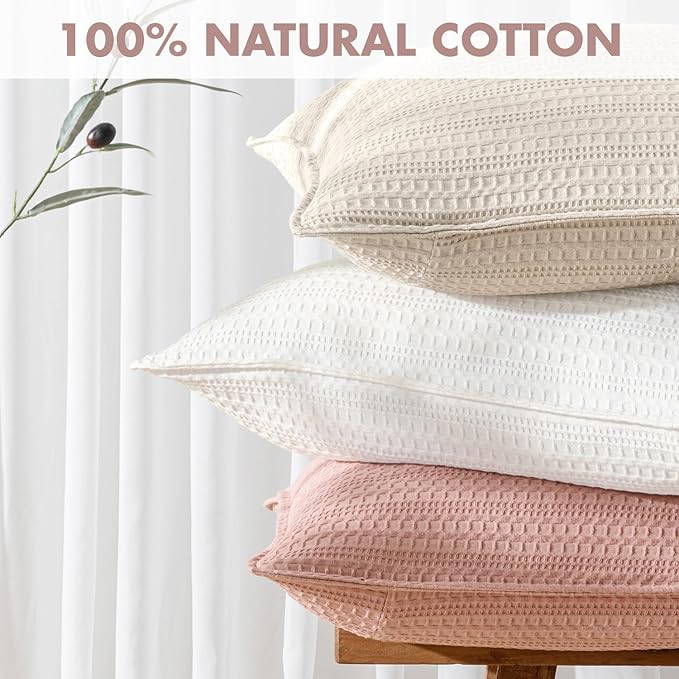 Set of 2 Decorative 100% Cotton Waffle Euro Sham Pillow Covers 24x24, Neutral Throw Pillows Weave European Cushion Cases for Couch Sofa Bed Modern Farmhouse Home Decor Valentines Day, Pink