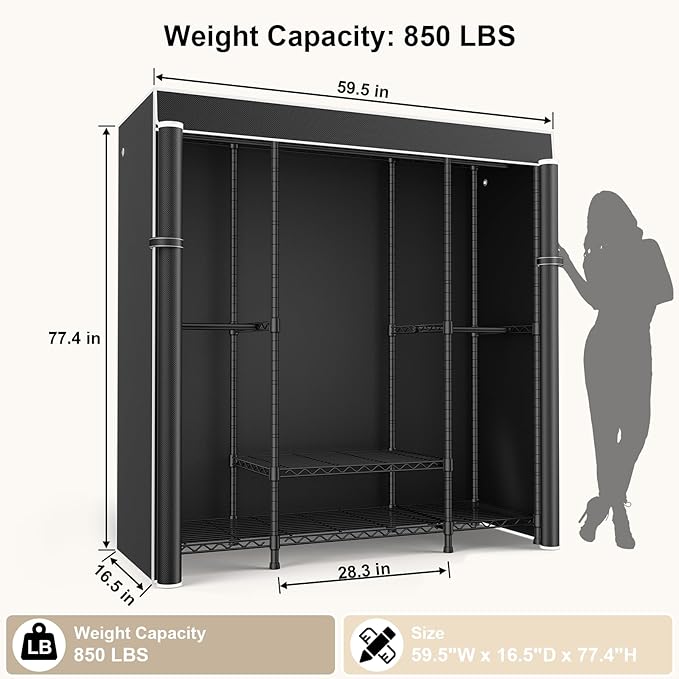 ULIFHOME E3C Heavy Duty Portable Closet Wardrobe with Fabric Cover, Freestanding Clothes Rack Holds up to 850 lbs, Metal Garment Rack Organizer for Clothing, 59.5" W x 16.5" D x 77.4" H, Black