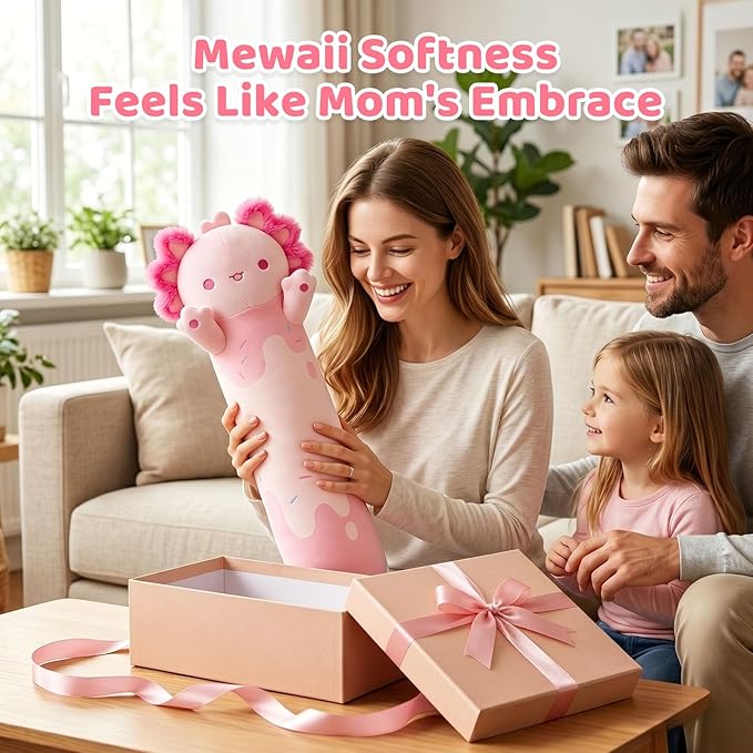 Mewaii Long Axolotl Plush 5 Sizes, 120% Extra Filling Giant Plushness Kids Body Pillow, Kawaii Cute Pink Axolotl Stuffed Animals Plushies, Big Long Body Pillow Cat Plush Gift for Girls 44”