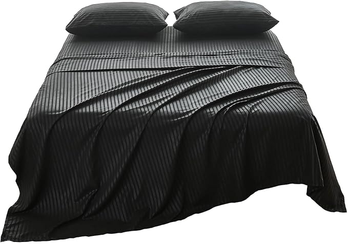 Kingnex Striped Sofa Bed Sheets Queen for Sleeper Sofa Bed with 4-6 Deep Soft Brushed 1800 Microfiber 4 Piece Bedding Set (60"x74"x6") Black
