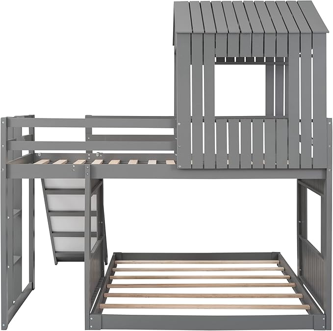 Harper & Bright Designs Twin Over Full House Bunk Bed with Slide, Solid Wood Floor Bed with Ladder, Windows & Roof, Fun Cottage Beds for Kids Teens Girls Boys – Gray