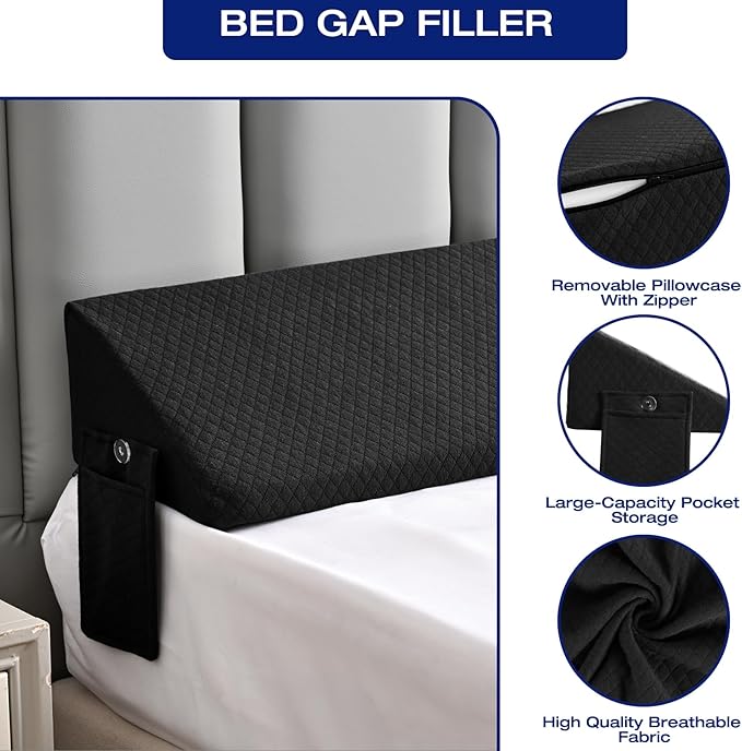 Twin Bed Wedge Pillow for Bed Gap Filler/Headboard Gap Black Long Triangle Corner Pillows with Pockets,Dense Foam,Pillow Prevents Stuff Drops,Between Twin Frames and Mattress Home Beds Accessories