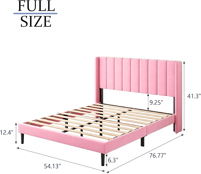 Gruwans Full Size Bed Frame with Upholstered Wingback Headboard, Easy Assemnly Platform Bed, Wooden Slat Support No Box Spring Needed, Pink