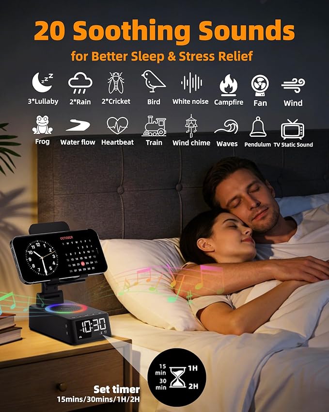 Cell Phone Stand with Bluetooth Speaker, White Noise Machine with 20 Soothing Sounds, Digital Alarm Clock for Bedroom, Bedside Desk Gadget, Gifts for Men Women, Dad, Teens, Cool Tech Gadgets