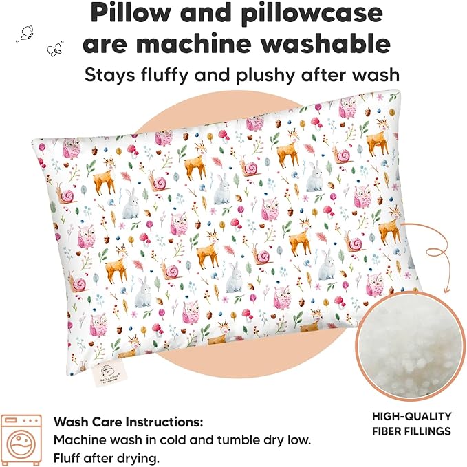 Toddler Pillow with Pillowcase - 13x18 My Little Dreamy Kids Travel Bed Pillows for Sleeping, Organic Cotton Small Pillowcase, Soft & Breathable, Machine Washable, Toddlers 2-5 years old (Forestland)