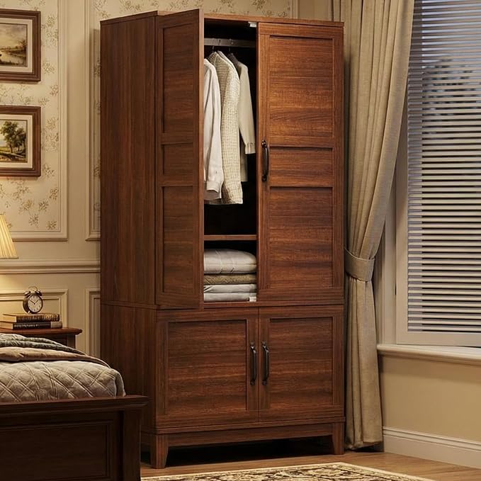 IDEALHOUSE Armoire Wardrobe Closet with 4 Doors, 72" Tall Wooden Clothing Wardrobe with Hanging Rod & DIY Adjustable Shelf, Heavy Duty Bedroom Armoire Storage Cabinet, Walnut