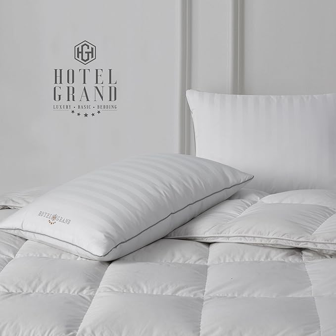 Hotel Grand Luxury Feather Down Pillows Standard Size Set of 2 Pack Hypoallergenic Medium Firm Pillows 100% Cotton Breathable Sleeping Pillows for Back/Side Sleepers Bed Pillows,20" X26"(2 Pack)