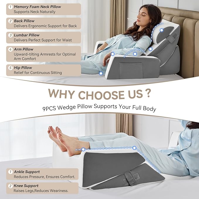 Yojoker 9PCS Orthopedic Bed Wedge Pillow Set for Sleeping, Back and Leg Pain Relief, Post Surgery Foam Pillow for Body, Triangle Adjustable Support Pillow - Acid Reflux Sleeping Pillows Grey