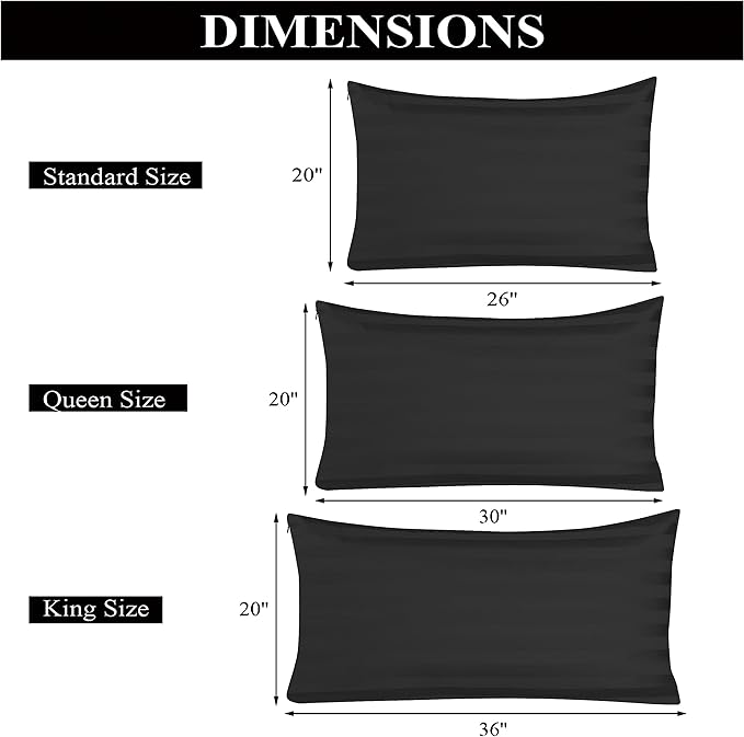 100% Egyptian Cotton Pillow Protectors Set of 2, 600 Thread Count Standard Size Bed Pillow Cases with Zipper, Sateen Weave Cooling Pillow Cases Quiet and Breathable Easy Care (2PCS, Striped Black)