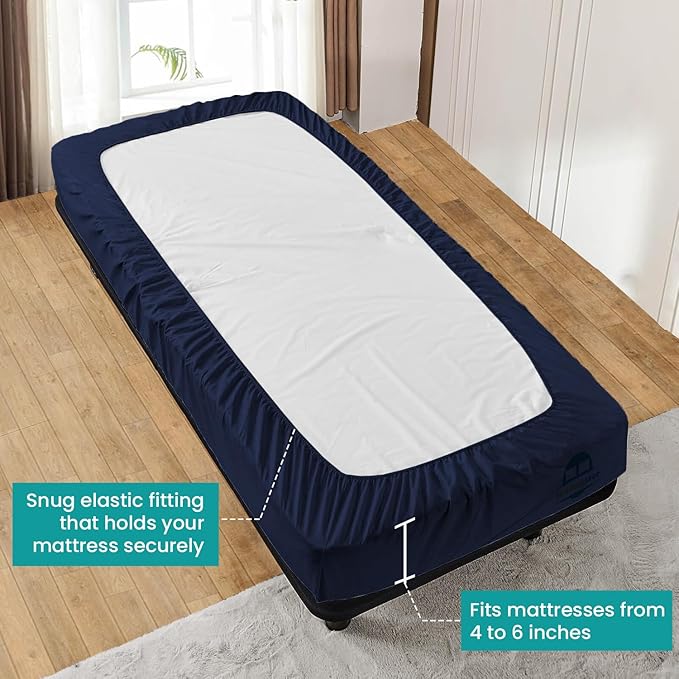 Twin XL Fitted Sheet 39 x 80 Inches 6" Deep Pocket 100% Egyptian Cotton 600 Thread Count Snug Fit for Trifold Mattress, Narrow Twin, Camp Bunk, Guest Bed, Army Cot Soft & Breathable – Navy Blue