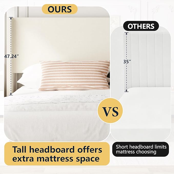 Sismplly Full Bed Frame with Wingback Headboard, Velvet Upholstered Platform Bed with Wooden Slats, 6.46“ Under Bed Storage, Metal Support, Noise Free, No Box Spring Needed, Beige