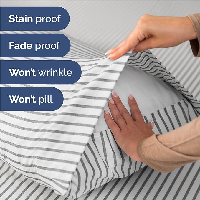 Full 6 Piece Sheet Set - Comfy, Breathable & Cooling - Soft Hotel Luxury Bedding for Women, Men, Kids, Teens and Children - 1 Flat & 1 Fitted Sheet & 4 Pillowcases with Deep Pockets - Grey Stripes 2