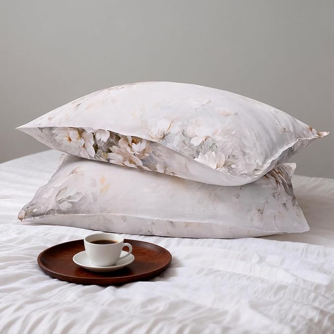 CHUFFED 100% French Linen Pillow Cases Watercolor Peony Print, Farmhouse Floral Stone Washed Pillow Shams with Envelope Closure Soft Breathable Vintage Pillow Covers for Decor,20x36 inches