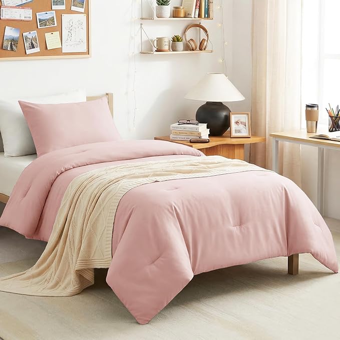 CozyLux Twin Comforter Set Blush Pink, 2 Pieces Twin Extra Long Solid Breathable Bedding Sets for College Dorm, Twin XL Luxury Soft Bed Set with Down Alternative Comforter and 1 Pillowcase All Seasons