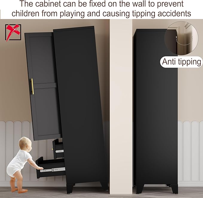 erosoei Metal Armoire Wardrobe Closet, 71 "Metal Clothing Storage Cabinet with Mirror and Adjustable Shelves, Household Steel Wardrobe Storage Cabinet with 2 Drawers and Hanging Rod(Armoire-Black)