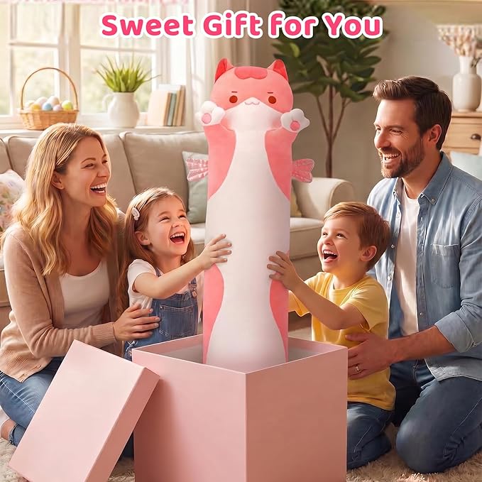 Mewaii Long Cat Plush 5 Sizes, 120% Extra Filling Giant Plushness Kids Body Pillow, Kawaii Cute Pink Cat Stuffed Animals Plushies, Big Long Body Pillow Cat Plush Gift for Girls 44”