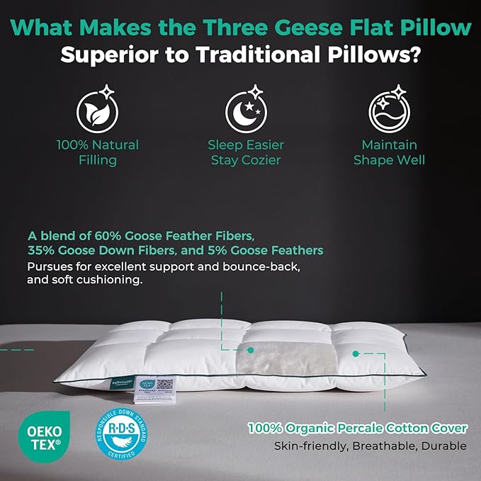 Three Geese Ultra Thin Flat Goose Down Feather Pillows for Sleeping Standard Size, 2.5" Height, 100% Cotton Cover, Ultra Slim Hotel Collection Bed Pillow for Stomach, Back Sleeper, 18x26 in.