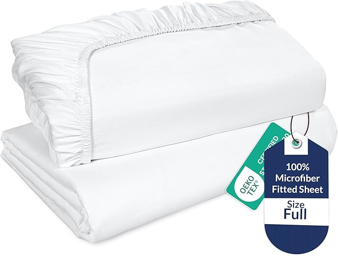 Royale Linens 2 Pack Fitted Sheet - Elastic Sheets - Full Fitted Sheet Only - Soft & Breathable - Brushed 1800 Microfiber - Stain Resistant- Hotel Quality Deep Pocket Stretches Up to 16" (Full, White)
