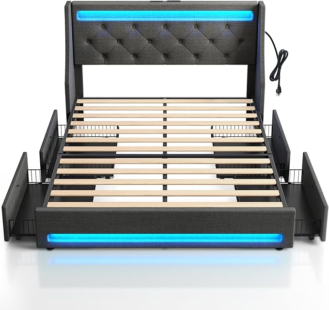 Rolanstar Full Bed Frame with LED Lights and Charging Station, Upholstered Bed with Drawers, Wooden Slats, Noise Free, Easy Assembly, Dark Gray