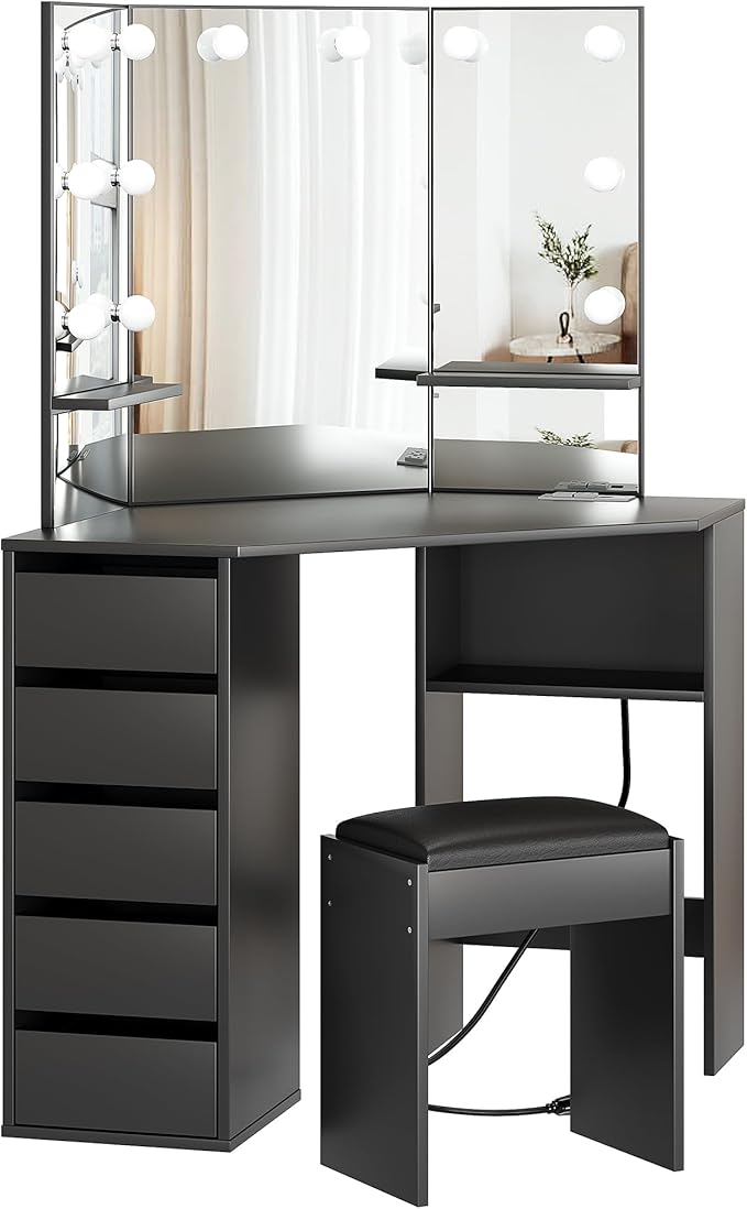 Garvee Corner Vanity Desk and Bench, Makeup Vanity Table with 3-Folding Lighted Mirrors, Charging Station, 5 Drawers for Bedroom