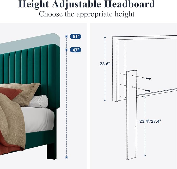 Allewie King Bed Frame, Velvet Upholstered Platform Bed with Adjustable Vertical Channel Tufted Headboard, Mattress Foundation with Strong Wooden Slats, Box Spring Optional, Easy Assembly, Teal