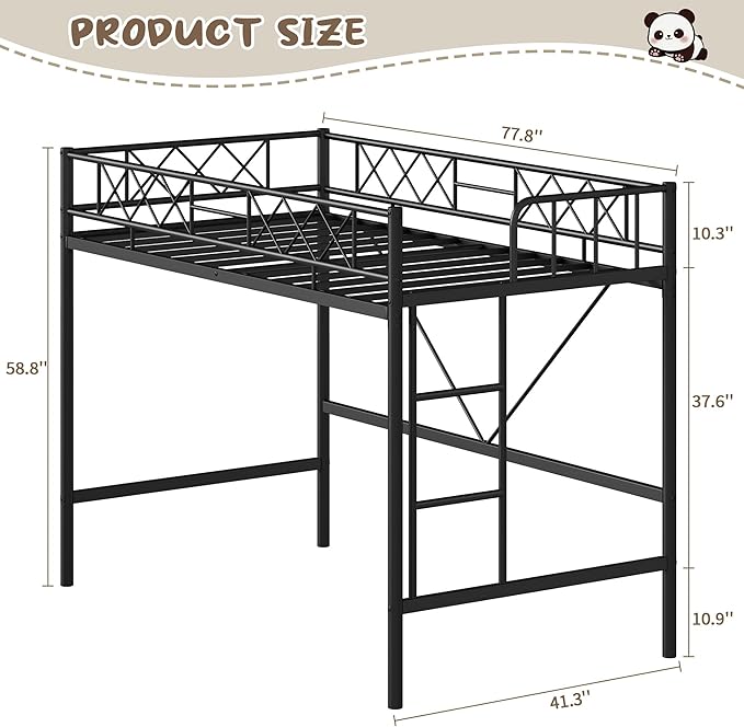 Garvee Loft Bed Twin Size with Arched Safety Guardrail & Safety Ladder, Heavy Duty Metal Frame with Sturdy Steel Slats, No Box Spring Needed, Space Saving for Compact Rooms, Matte Black