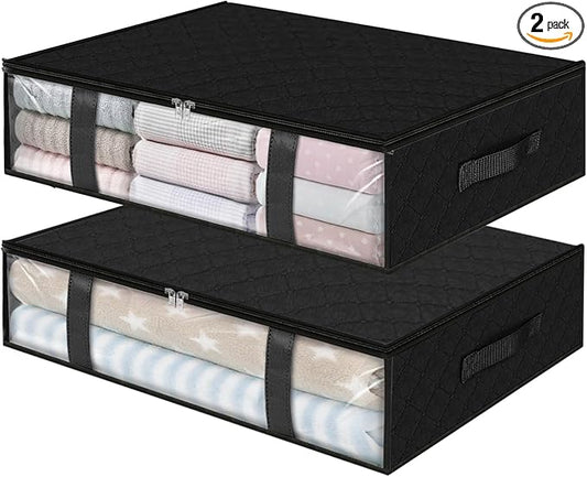 StorageRight Under Bed Storage Bags 2 Pack, 40L Large Clothes & Comforter Storage Containers with Clear Window, Breathable Fabric Organizer for Blankets, Bedding, Seasonal Clothing, Black