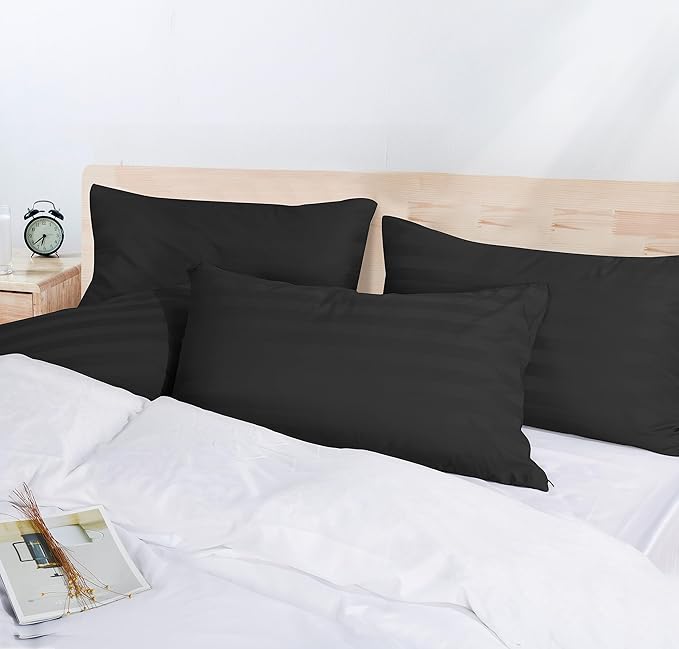 100% Egyptian Cotton Pillow Protectors Set of 2, 600 Thread Count Standard Size Bed Pillow Cases with Zipper, Sateen Weave Cooling Pillow Cases Quiet and Breathable Easy Care (2PCS, Striped Black)