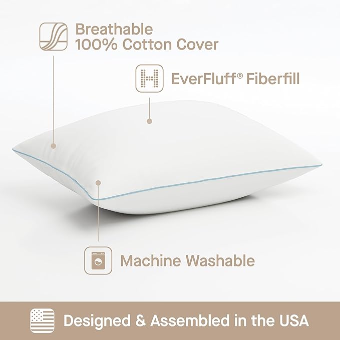 SEALY Slumber Bed Pillow Soft, Breathable, 100% Cotton Cover, Temperature Balancing, Moisture Wicking, Hypoallergenic EverFluff Fiberfill, Machine Washable, King Size Pillow, White- 2 Pack