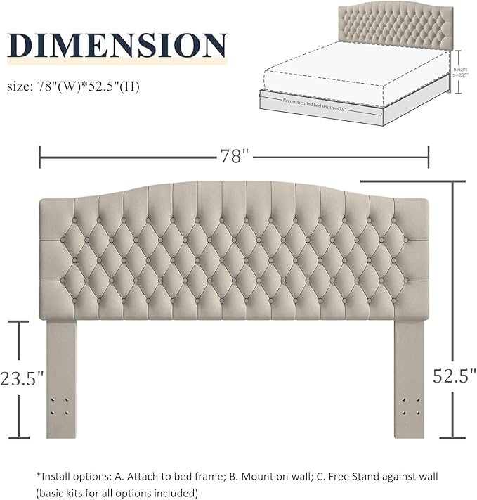Befurtori King Headboard Only, Upholstered Head Board for Adjustable Bed Velvet Tufted Cal King Size Wall Mounted Headboard with Solid Wood Legs Head Board, Light Warm Gray/Taupe
