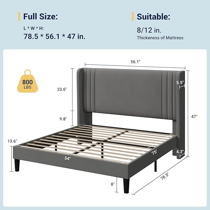 Allewie Full Size Velvet Platform Bed Frame with Vertical Tufted Wingback Headboard, Easy Assembly, Under Bed Storage, No Box Spring Required, Modern Style, Grey