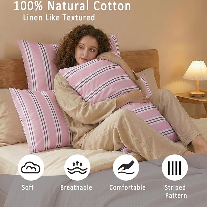 Merryword Queen Size Pillowcases, 100% Cotton Pillow Cases, Purple Striped Pillowcases, Soft Breathable Ribbon Stripe Pillow Covers, Set of 2