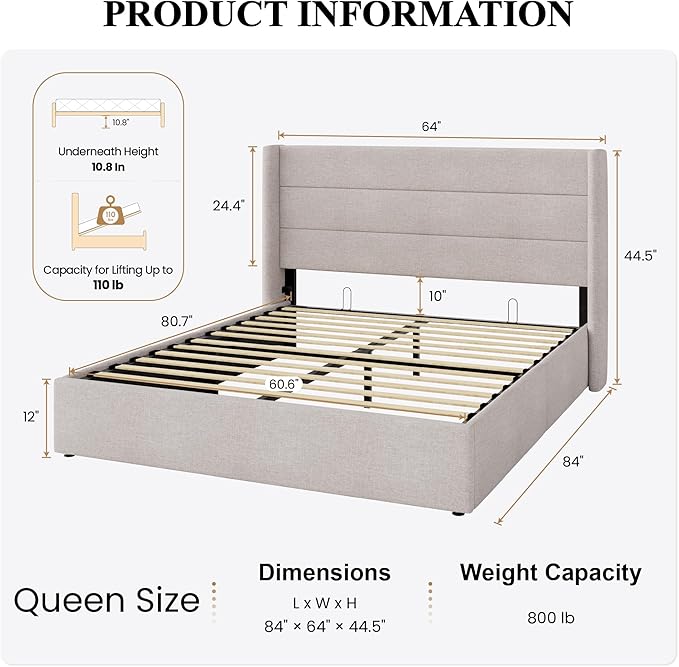 SHA CERLIN Queen Size Lift Up Storage Bed/Modern Wingback Headboard/Upholstered Platform Bed Frame/Hydraulic Storage/No Box Spring Needed/Wood Slats Support/Light Beige