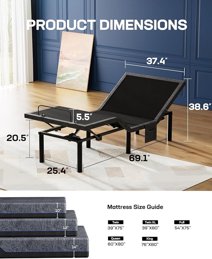 Marsail NS1 Twin XL Adjustable Bed Base with Massage- Smart Dual Motor Bed Frame with Wireless Remote, 3-Min Assembly, Zero Gravity & Anti-Snore Modes, Under Bed Lighting, 4 USB Ports