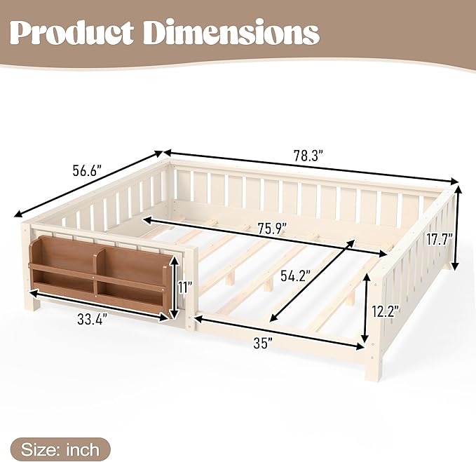 Bellemave Full Size Floor Bed Frame with Fence & Bookshelf, Solid Pinewood Montessori Floor Bed Full with Slats Load 450LBS, Low Profile Floor Bed for Kids, Bedroom, Nursery, Easy Assembly,Beige