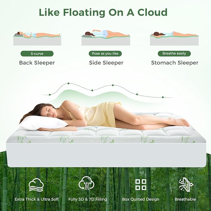 HYLEORY Mattress Topper - Thick Bamboo-Viscose Naturally Cooling Pillow Top Mattress Pad Breathable Fluffy Soft Mattress pad for Back Pain Relief, Twin Size, Green