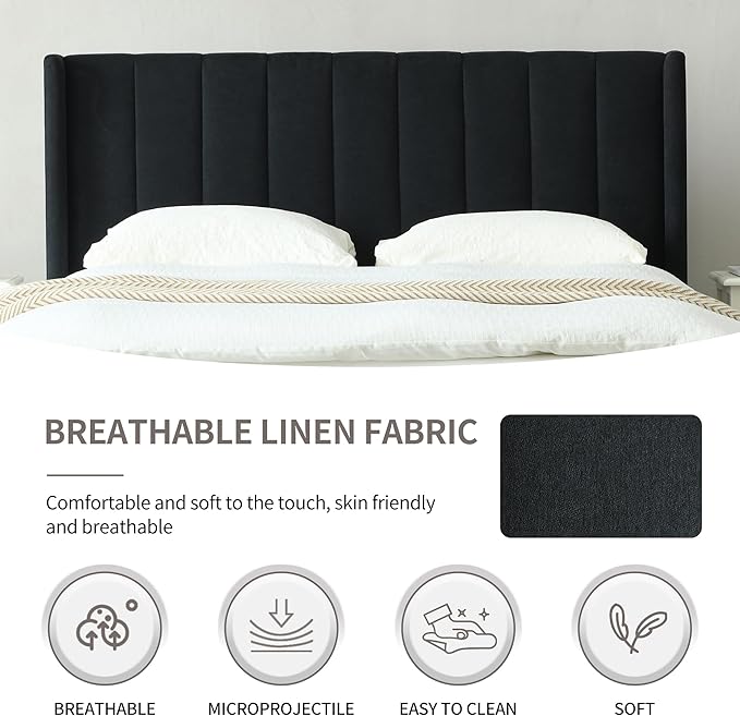 YUHUASHI upholstered Platform Bed Frame/Twin Bed Frame/Modern Geometric Double-Wing Design headboard/Linen Fabric/Easy to Assemble no Noise (Black, Twin)