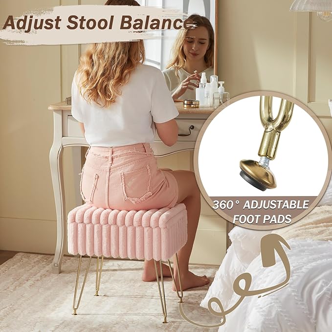 EBENCHICO Vanity Stool Chair with Storage, Faux Fur Stools for Vanity Makeup, Foot Stool Ottoman with 4 Metal Legs, Small Vanity Bench Seat Chairs for Living Room Bedroom