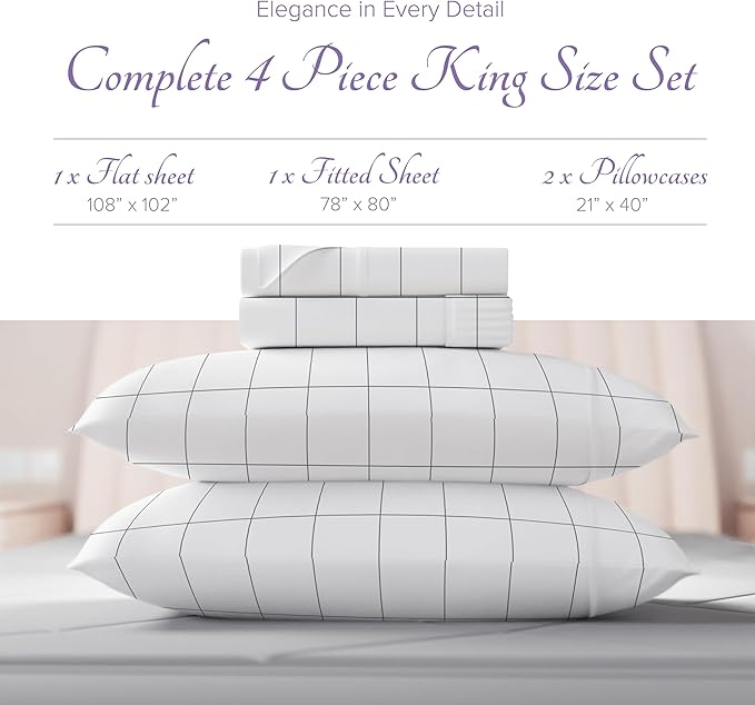 Carressa Linen 100% Egyptian Cotton King Size Sheets Set - 600 Series Hydrangeas Printed Egyptian Cotton Sheets King Size (4 PC, White Chex), 16" Deep Pocket Sateen Weave Luxury Bed Sheet