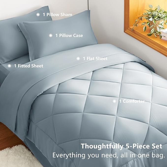 CozyLux Twin XL Comforter Set Dusty Blue - 5 Pieces Twin Extra Long Bed in a Bag for College Dorm, All Season Bedding Set for Girls and Boys, Soft Bed Set with Comforter, Sheets, Pillowcase & Sham
