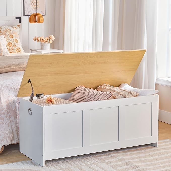 HOOBRO Storage Bench, 39.3" Retro Wooden Storage Chest, Wooden Storage Trunk, Toy Chest with Lift Top, Multifunctional Entryway Organizer, for Entryway, Living Room, White and Natural WN141CW01G1