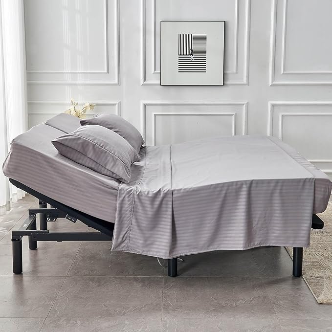 Kingnex Striped 32-34 Split Top King Sheets Sets for Adjustable Bed with Strap Soft Brushed 1800 Microfiber 4 Pieces Flex Head King Bedding Set Grey