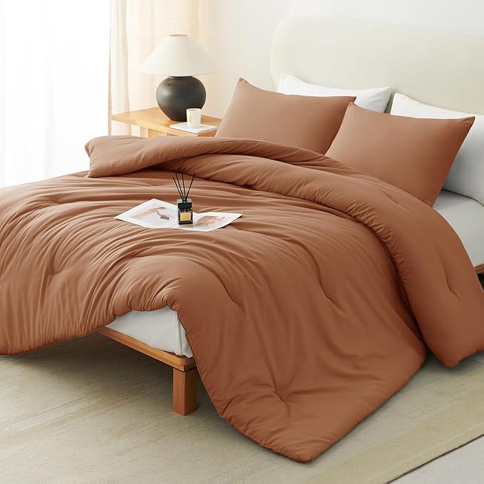 CozyLux King Size Comforter Set Pumpkin, 3 Pieces Solid Comforters King Size Breathable Quilted Bedding Sets, Fall Luxury Soft Lightweight Bed Set with Down Alternative Comforter and 2 Pillowcases