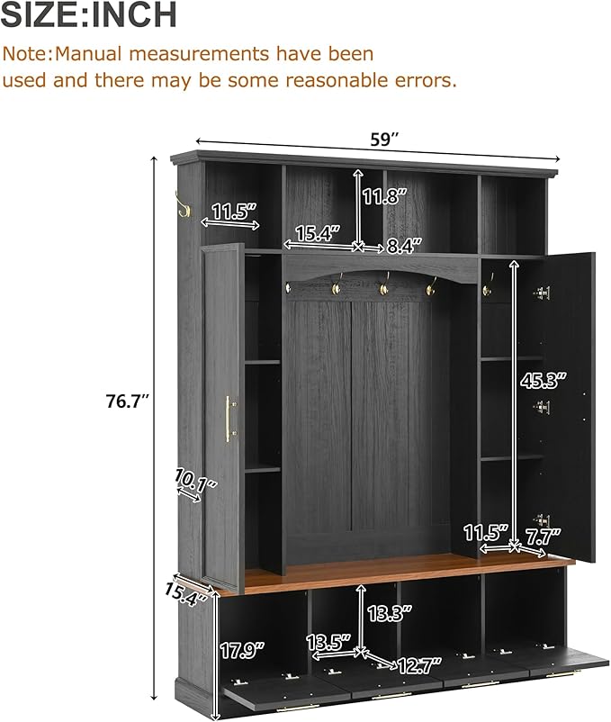 Merax 59" Farmhouse Hall Tree with Golden Hooks & Walnut Bench, Entryway Organizer with Adjustable Shelves, Shoe Storage, Anti-Tip for Mudroom, Living Room, Black