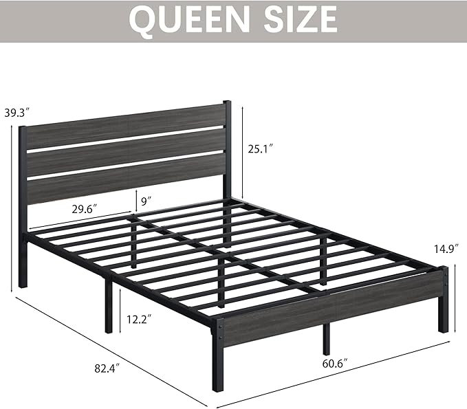 Fluest Queen Bed Frame with Headboard and Footboard, Metal Platform Bed Frame with Under Bed Storage, All-Metal Support System, No Box Spring Needed, Easy Assembly,Vintage Grey