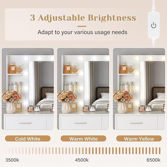 YESHOMY Makeup Vanity Desk with Mirror & Lights, Vanity Table with 5 Drawer, 6 Shelves, Charging Station for Bedroom, Dressing Room, Milk White